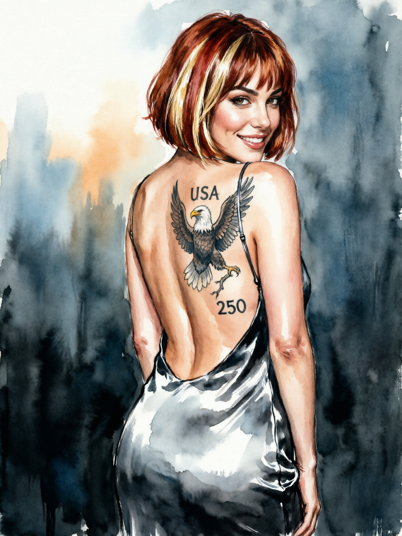 Watercolor portrait of smiling woman looking over her shoulder, showing USA bald eagle back tattoo while wearing a silver ...