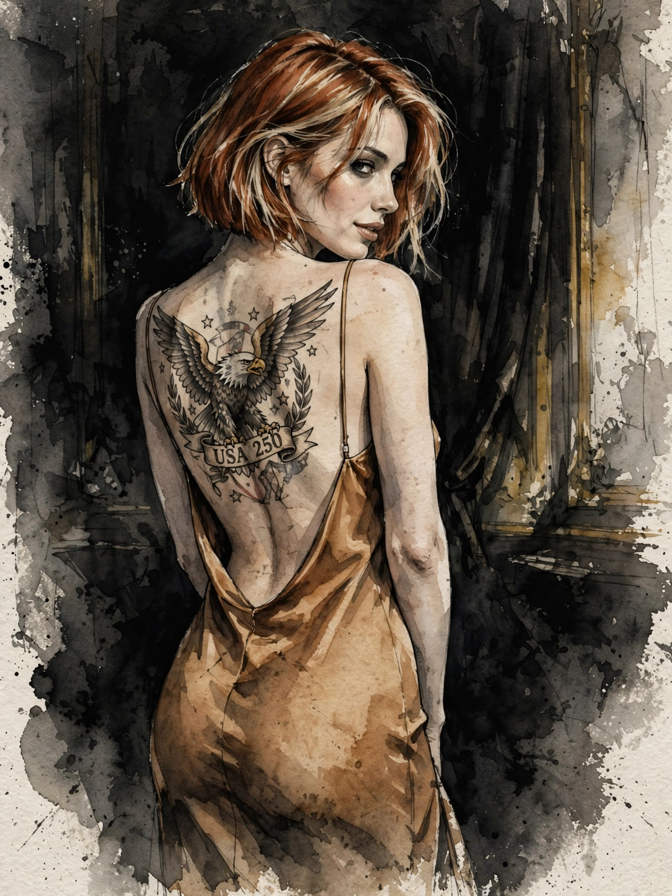 Watercolor portrait of red-haired woman looking over her shoulder, revealing a detailed bald eagle back tattoo in a low-ba...