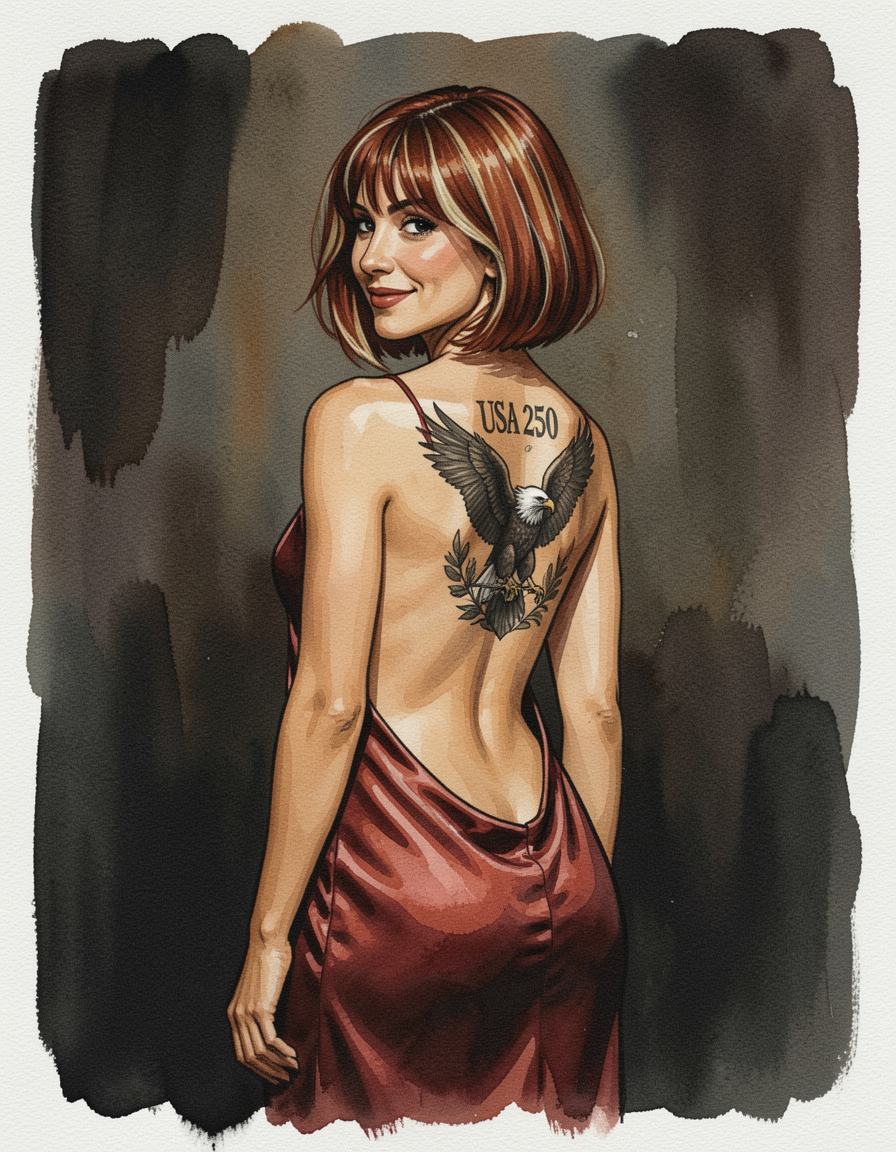 [Watercolor illustration of a smiling woman showing a bald eagle back tattoo while looking over her shoulder in an open-ba...