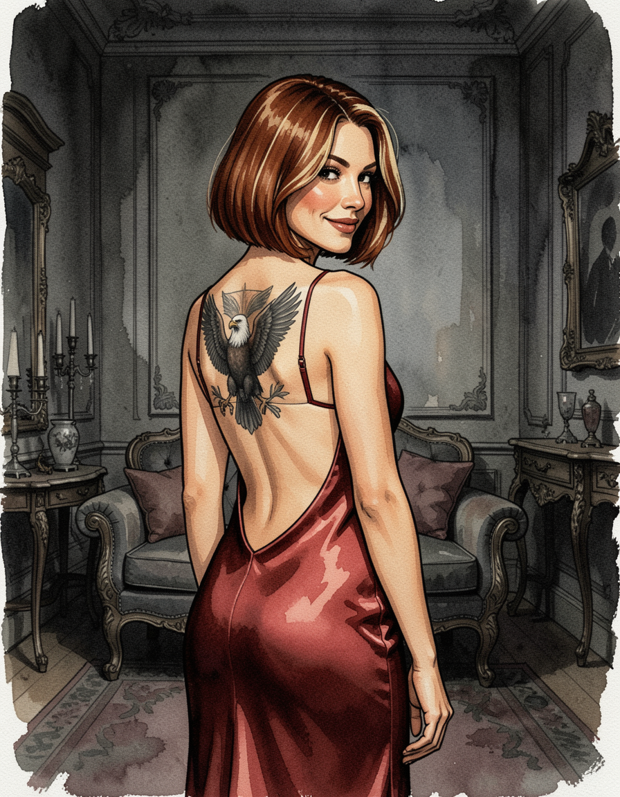[Illustrated smiling woman with bald eagle back tattoo wears a backless red gown, looking over her shoulder in a vintage p...