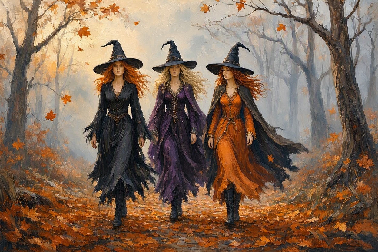 Three witches in pointed black hats walk together down a misty autumn forest path strewn with falling orange maple leaves.