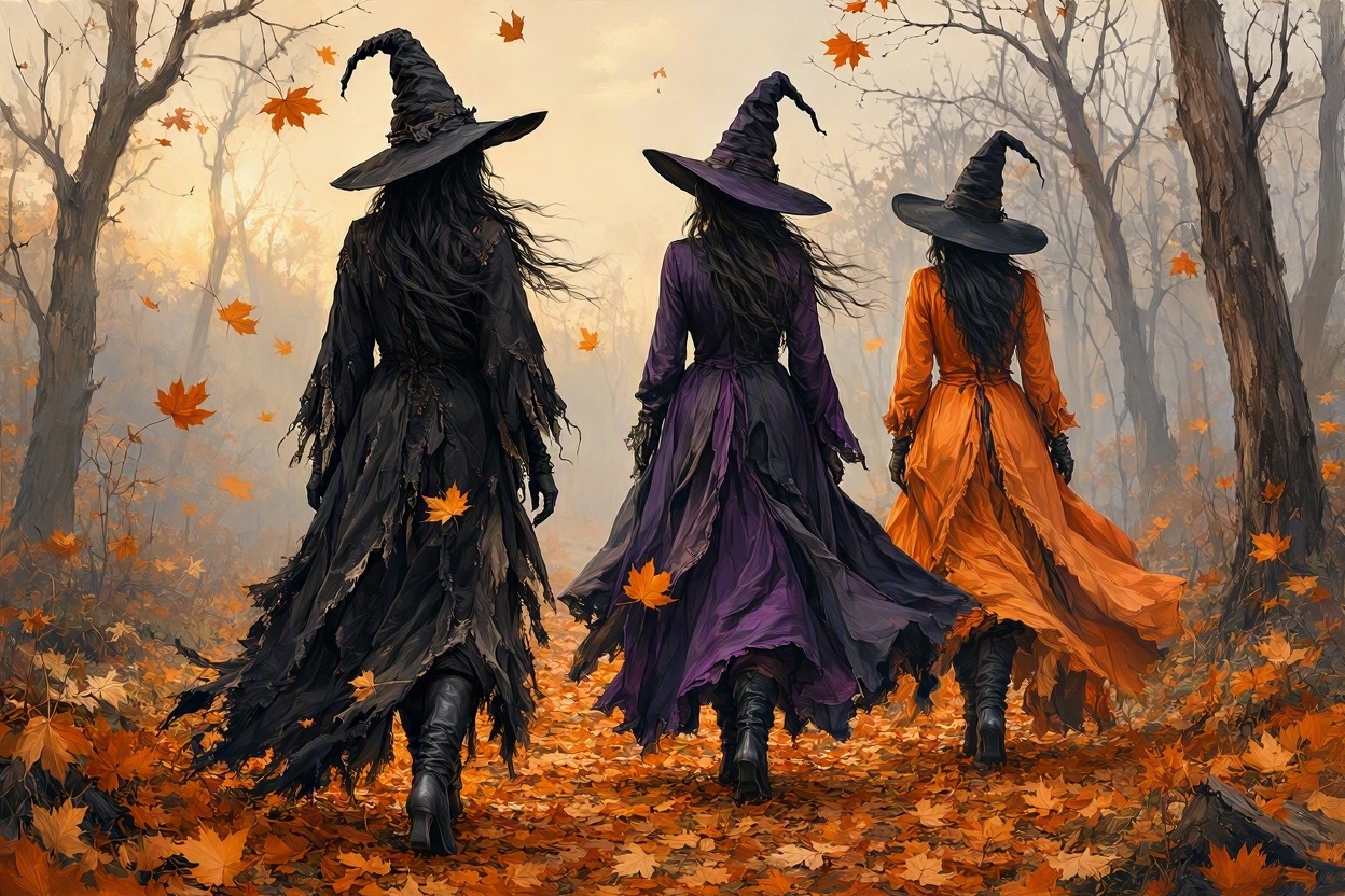 Three robed witches in tall pointed hats walk away through a misty autumn forest as orange maple leaves drift down around ...