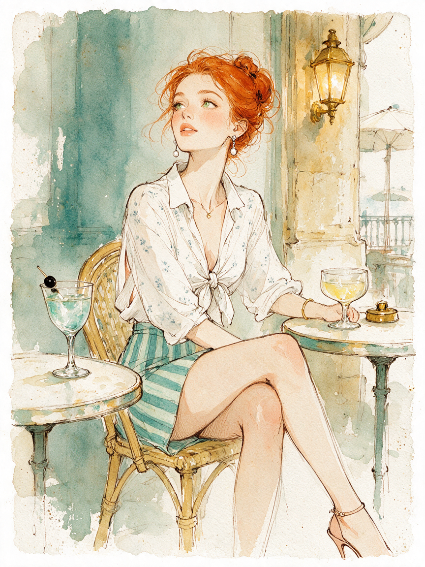 Red haired woman relaxing at a Parisian sidewalk cafe with cocktail drinks, soft watercolor illustration