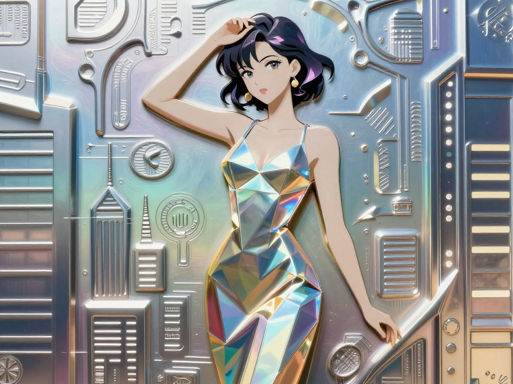 Stylized anime woman in a faceted iridescent dress poses against an embossed metallic sci-fi panel background