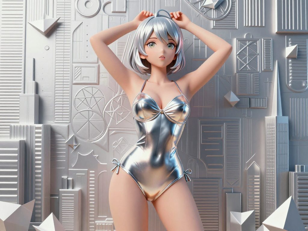3D anime girl with short silver hair in a shiny metallic swimsuit poses against an embossed silver city relief wall