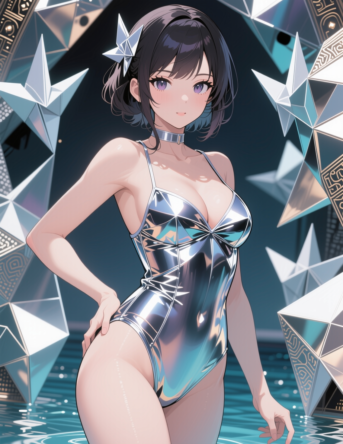 Anime girl in shiny metallic swimsuit with origami hair clip standing in shallow rippling water