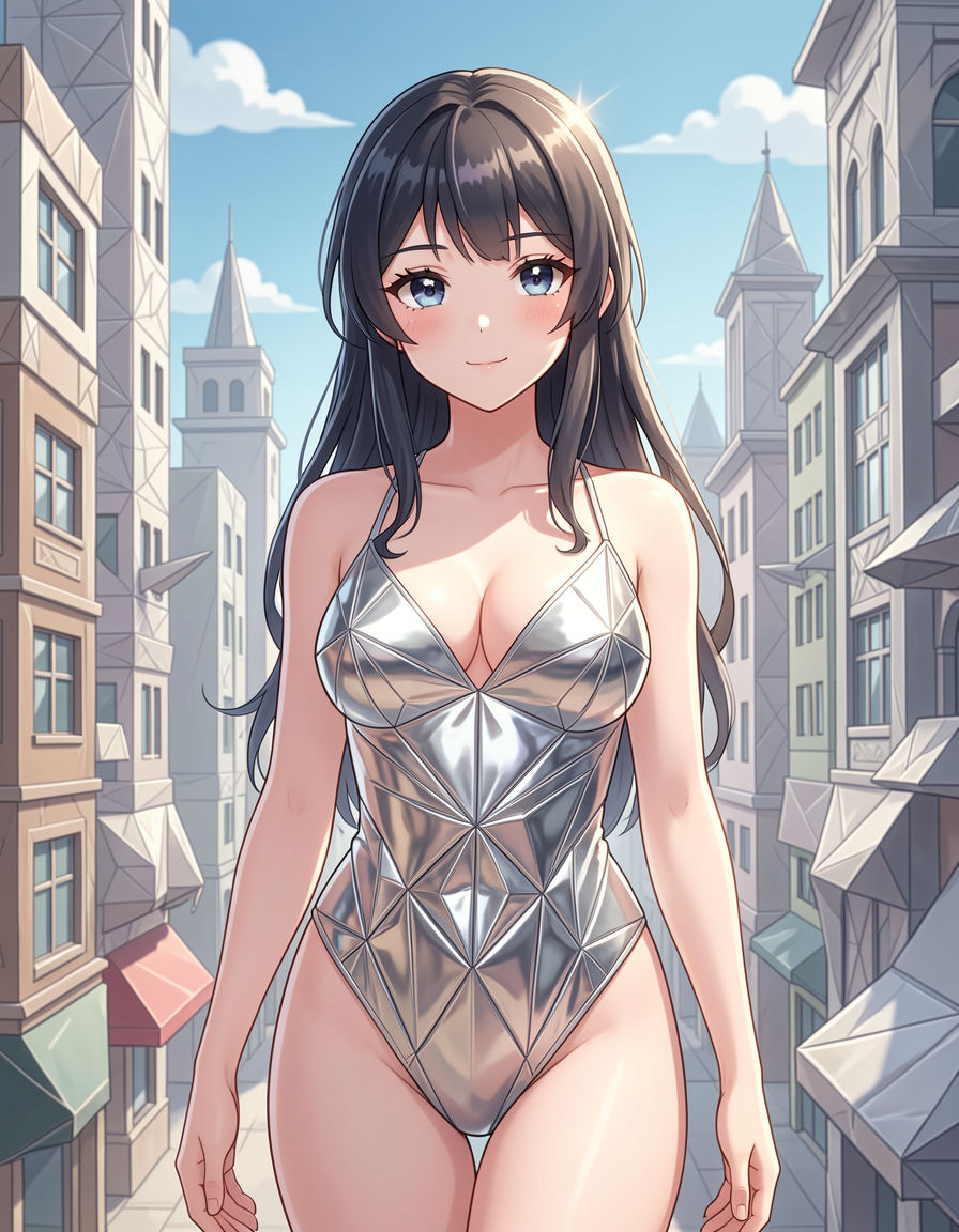 Anime girl with long dark hair in a geometric metallic swimsuit stands in a sunlit city street