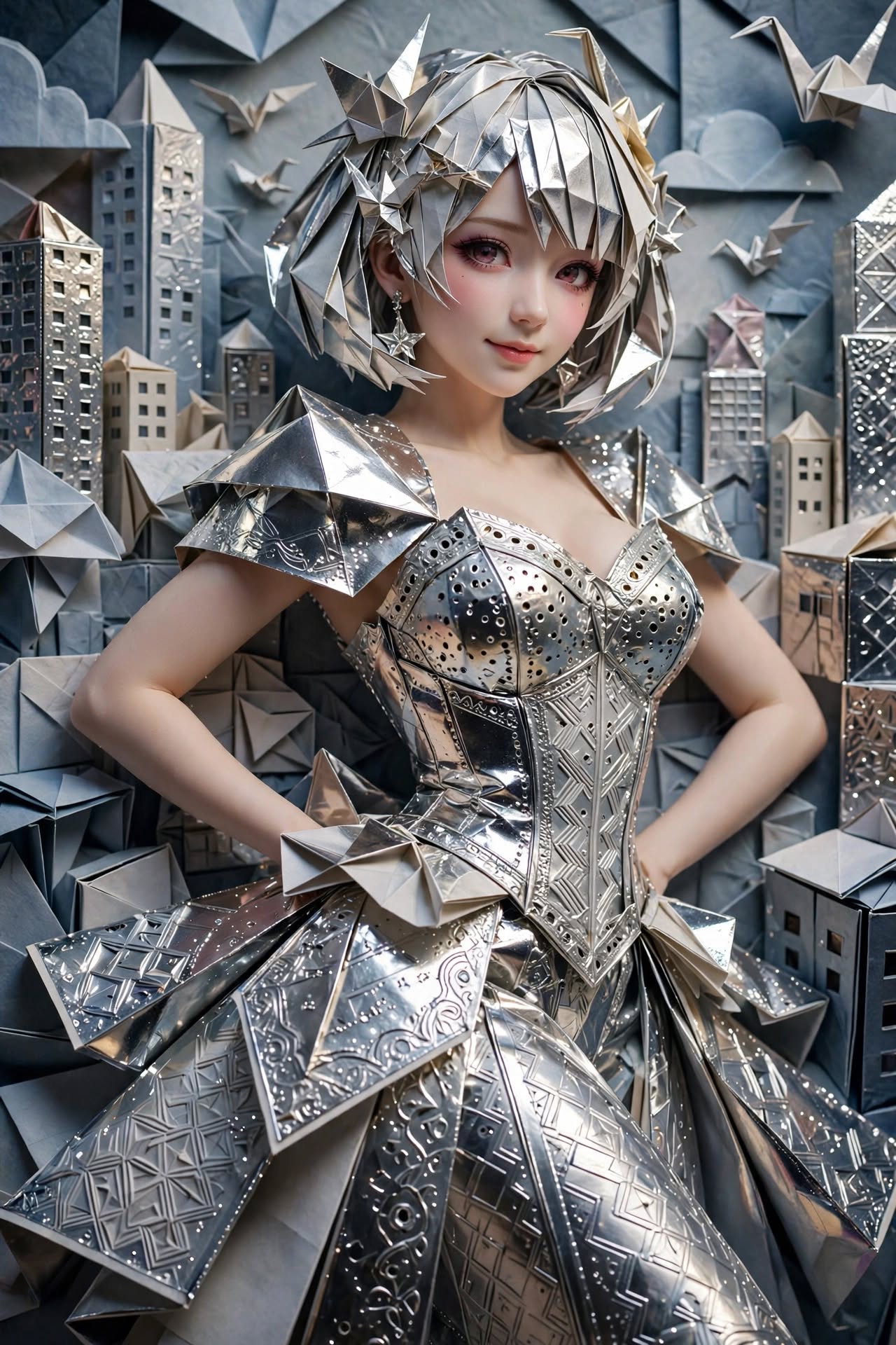 Anime-inspired figure in intricate silver origami gown stands before a folded paper cityscape backdrop
