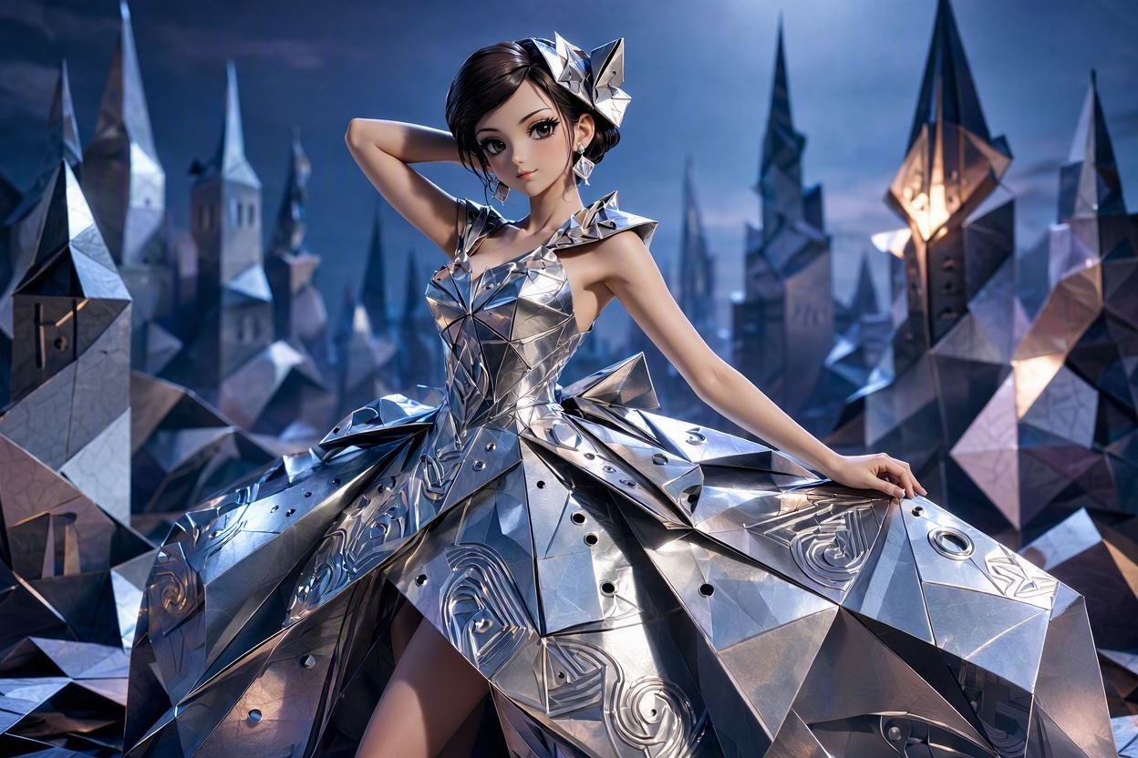 Anime style woman in a faceted metallic silver gown poses before a futuristic geometric spire city at dusk