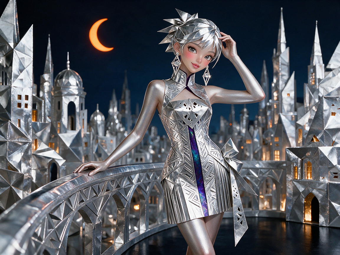 Metallic silver anime woman posing on a bridge before a crystalline fantasy city under an orange crescent moon