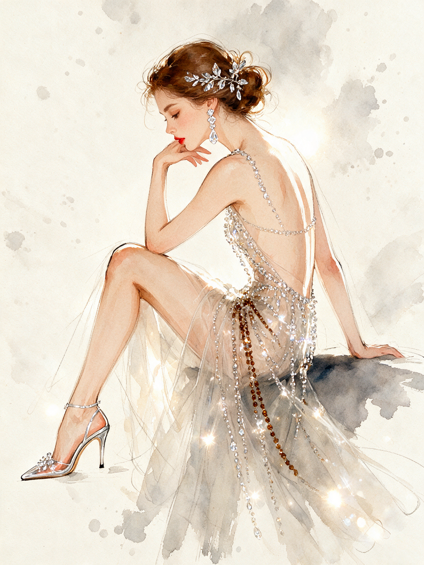 Seated elegant woman in a sparkling beaded sheer gown, rendered in delicate watercolor style