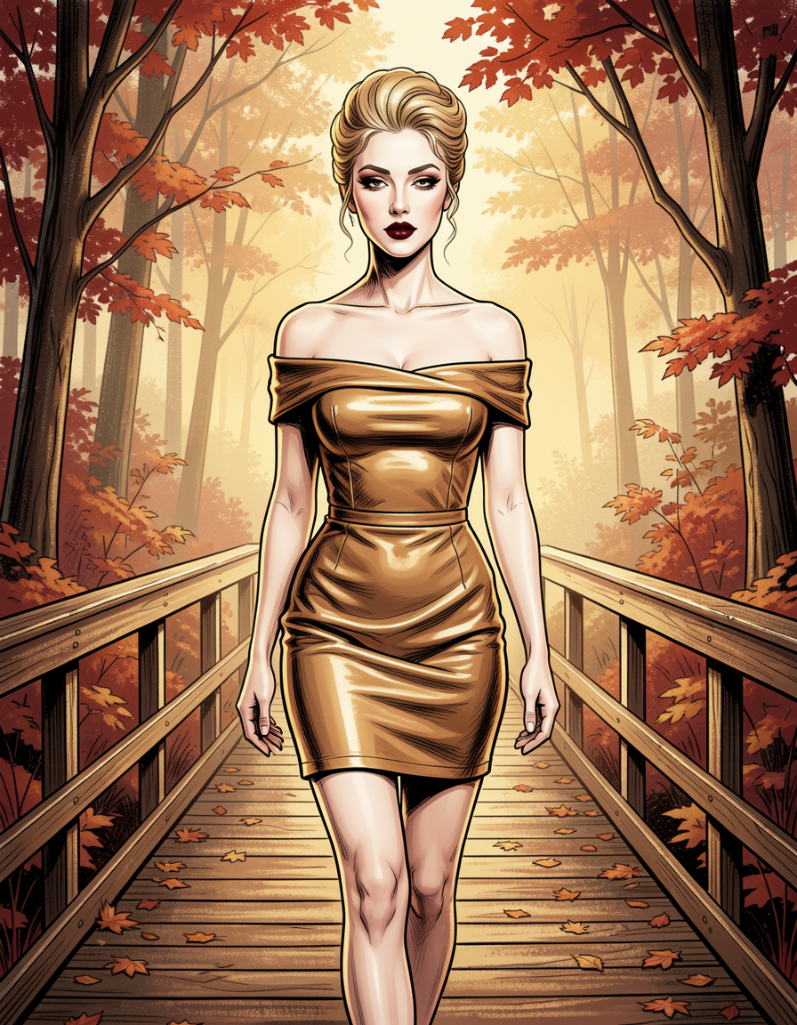 Stylish woman in a shiny gold off-shoulder dress walks across a wooden bridge in an autumn forest