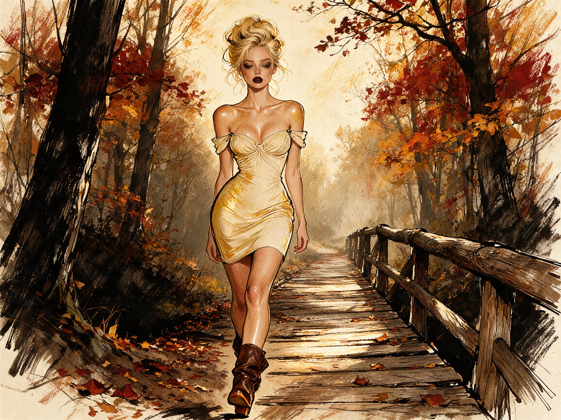 Glamorous blonde woman in a gold dress walks across a wooden bridge in an autumn forest
