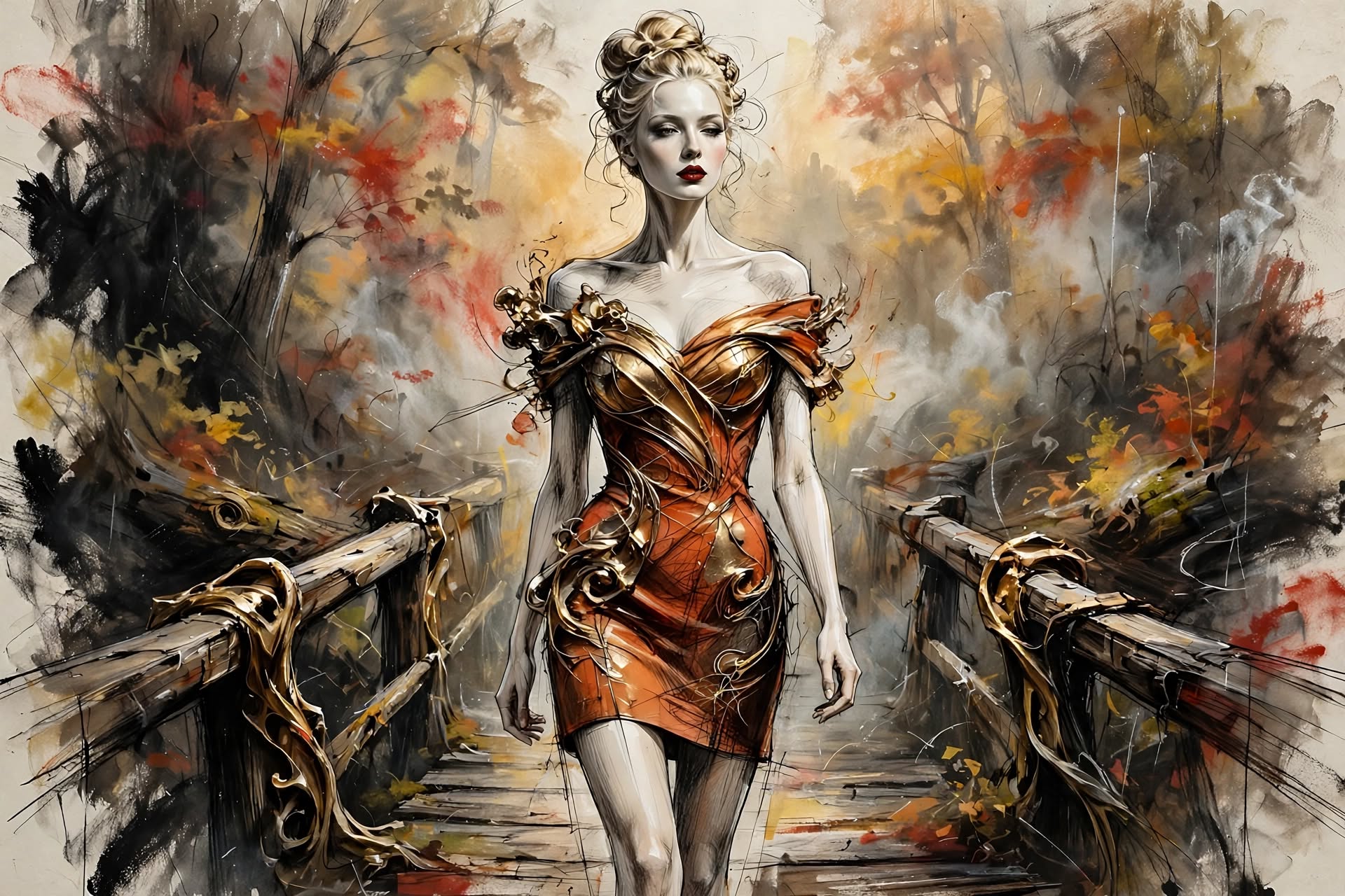 Elegant blonde woman in an ornate gold and rust dress walks across a wooden autumn forest bridge