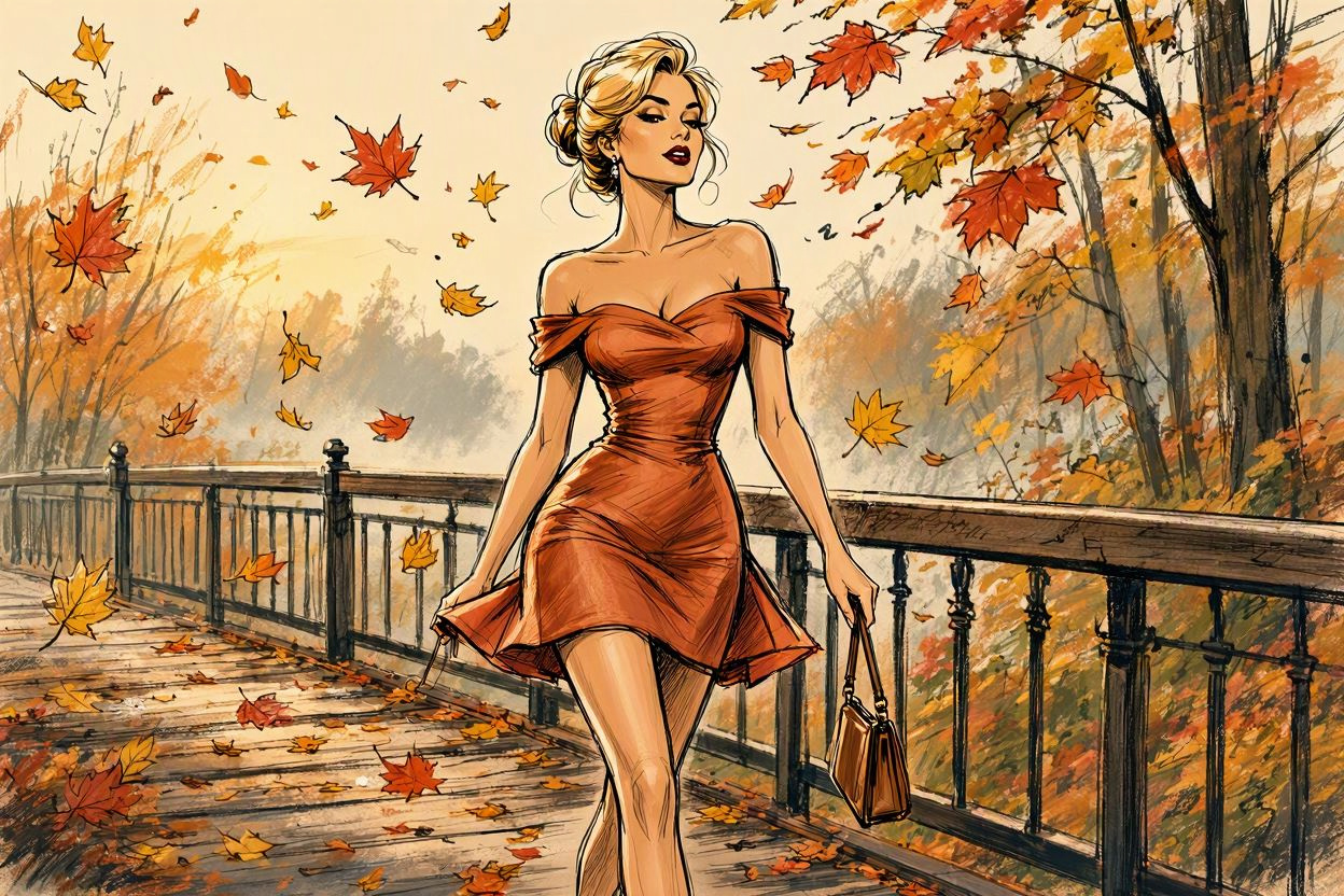 Glamorous blonde woman in a rust dress walks across a wooden bridge as autumn maple leaves fall around her