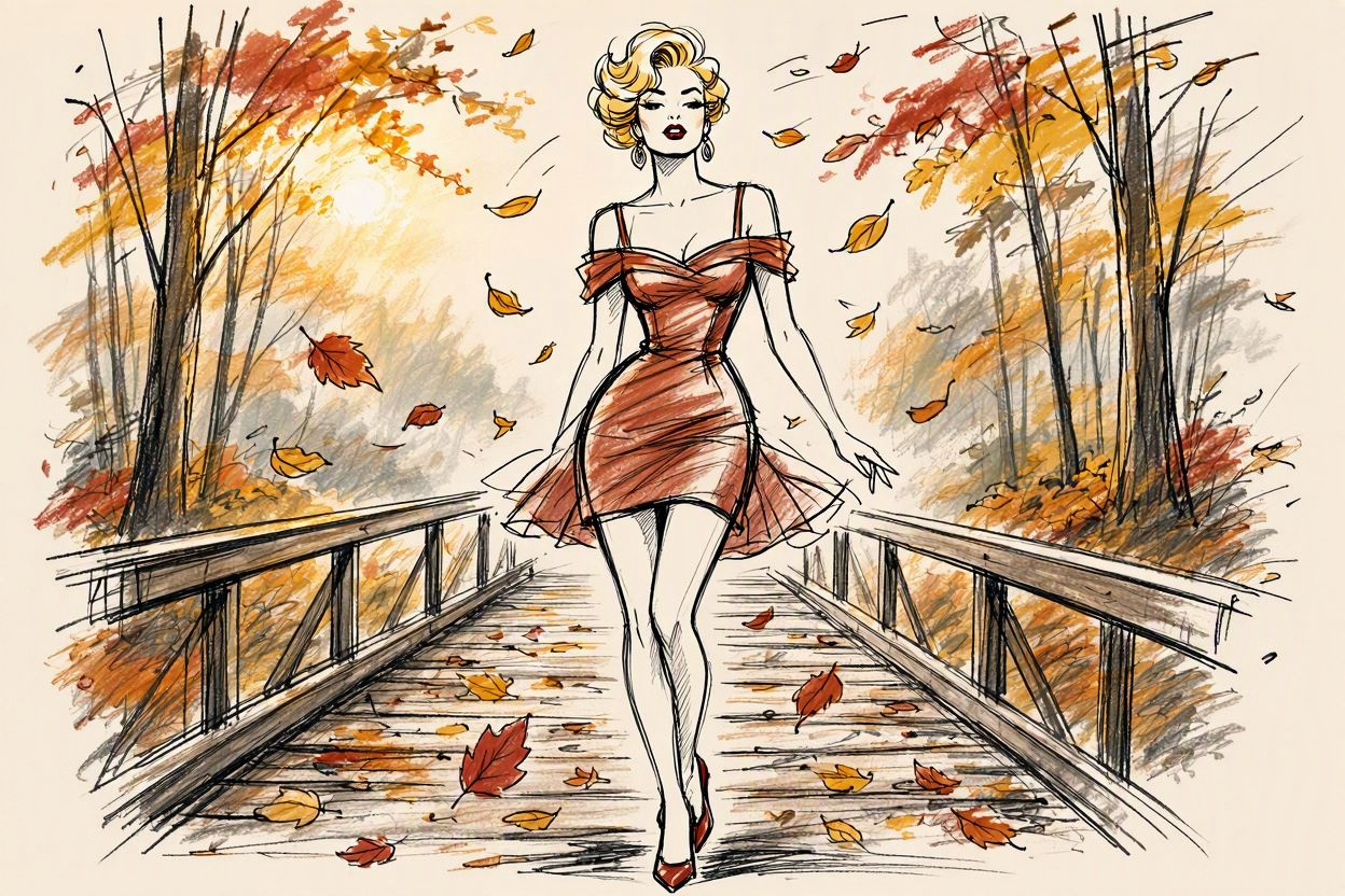 Glamorous retro woman in a rust dress walks across a wooden bridge as autumn leaves fall around her