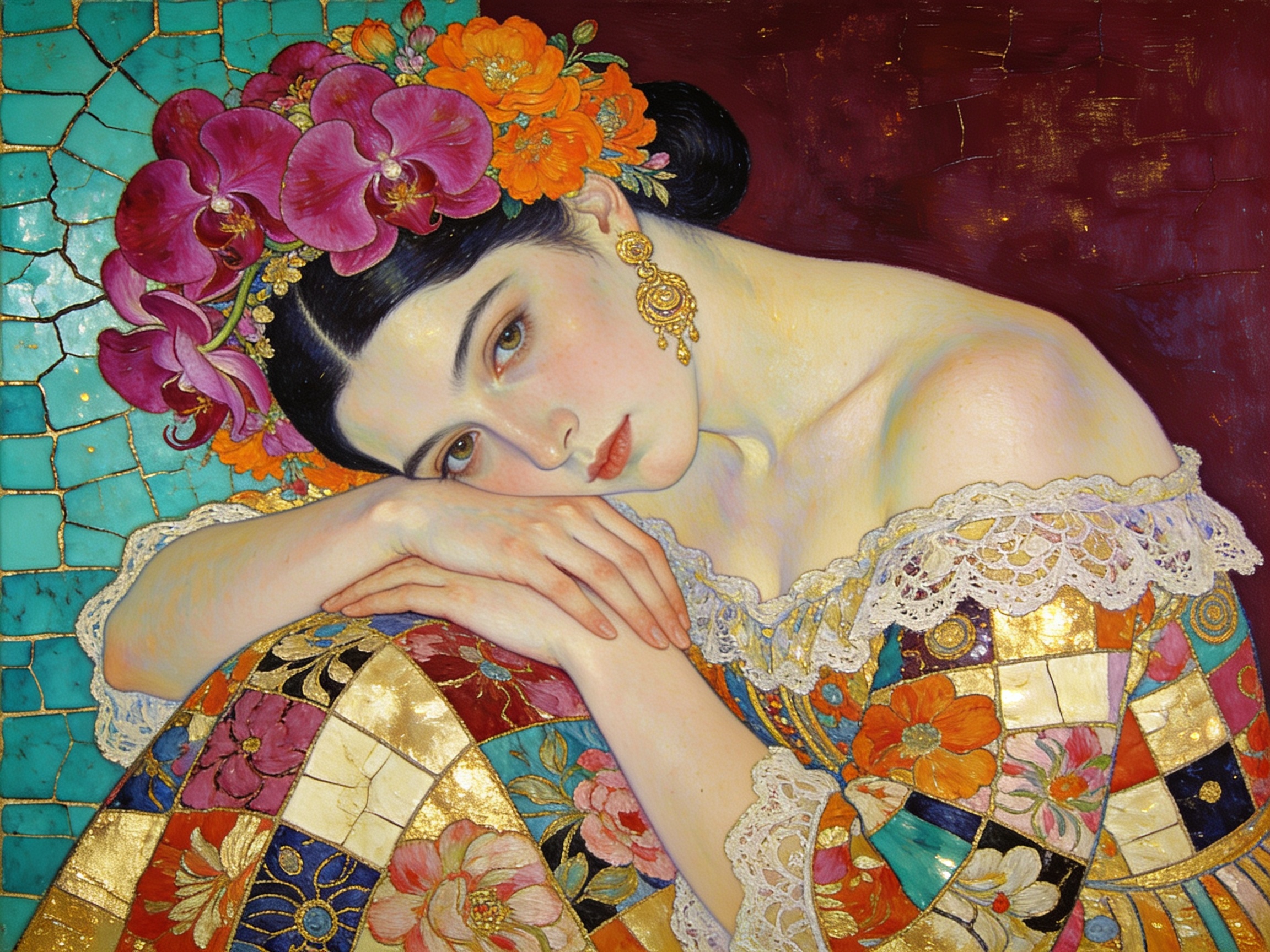 Pensive woman with a floral orchid crown rests her chin on her hands in an ornate gilded mosaic portrait