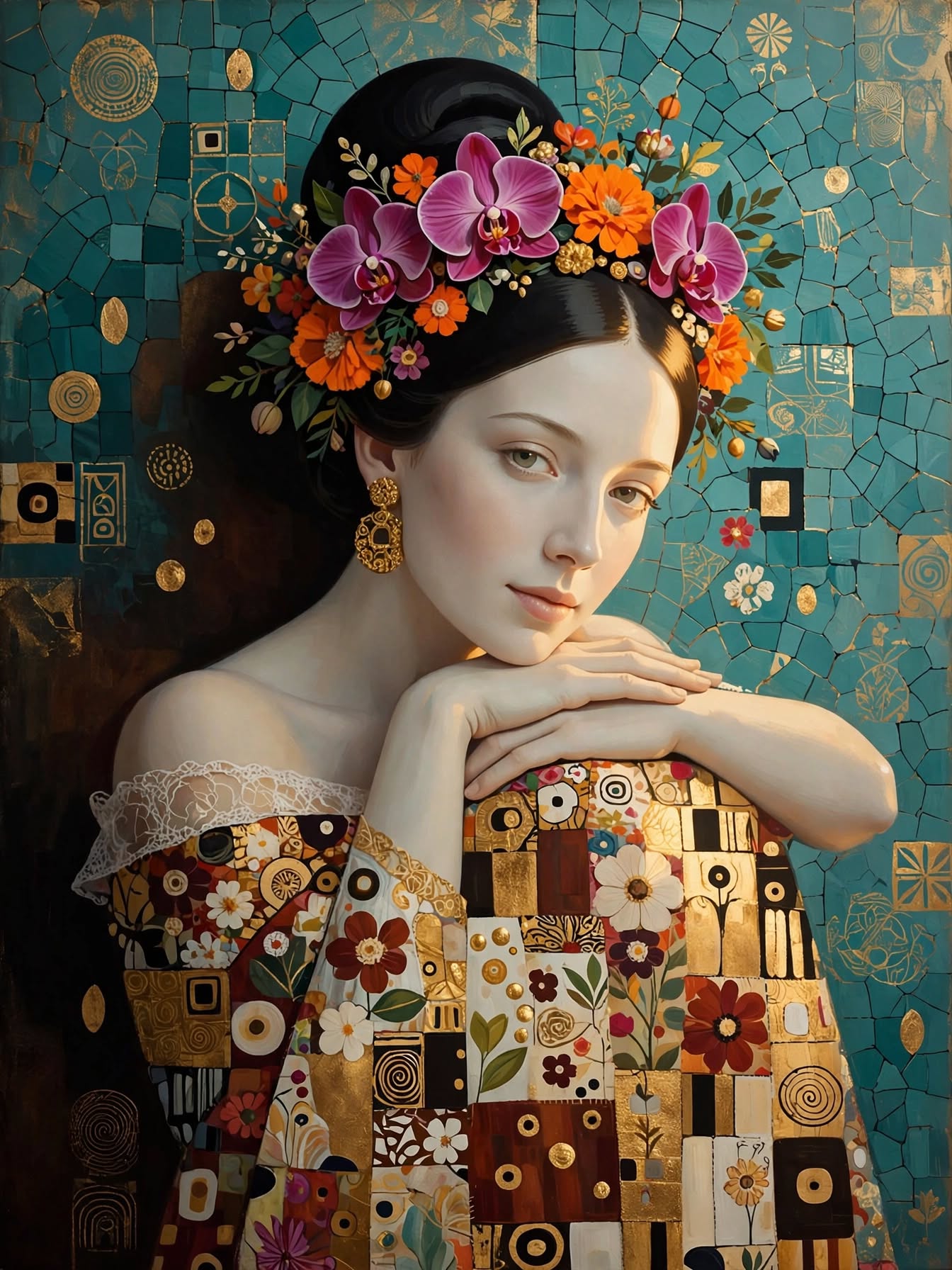 Klimt-inspired portrait of a woman with a floral crown against a teal gold mosaic background