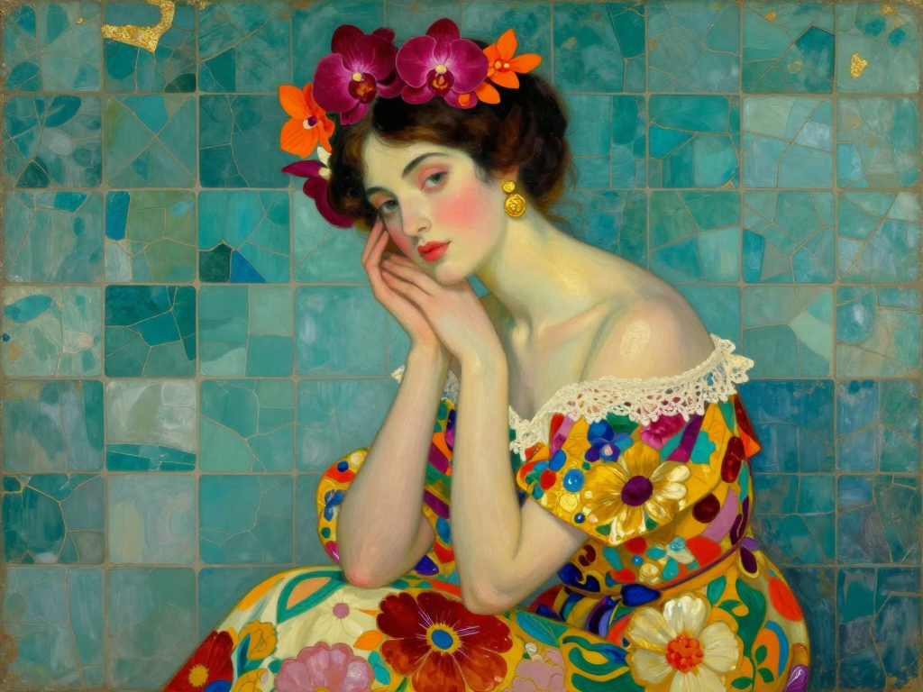 Pensive woman with an orchid flower crown rests her chin on her hands against a turquoise mosaic background