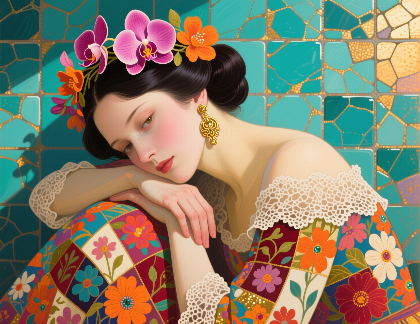 Pensive woman with a flower crown rests against a teal mosaic tile background in a decorative portrait
