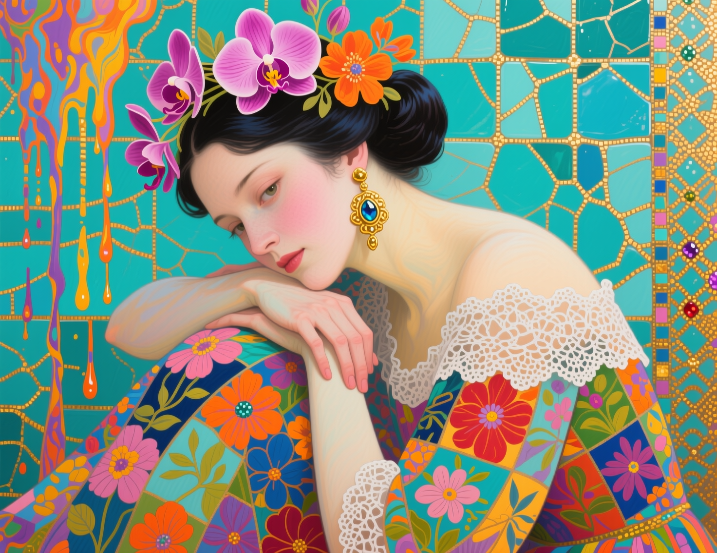 Stylized portrait of a pensive woman with floral hair accessories against a decorative turquoise tile backdrop