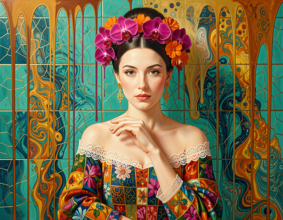 Elegant woman with a vibrant orchid flower crown poses against a surreal decorative teal and gold tiled background