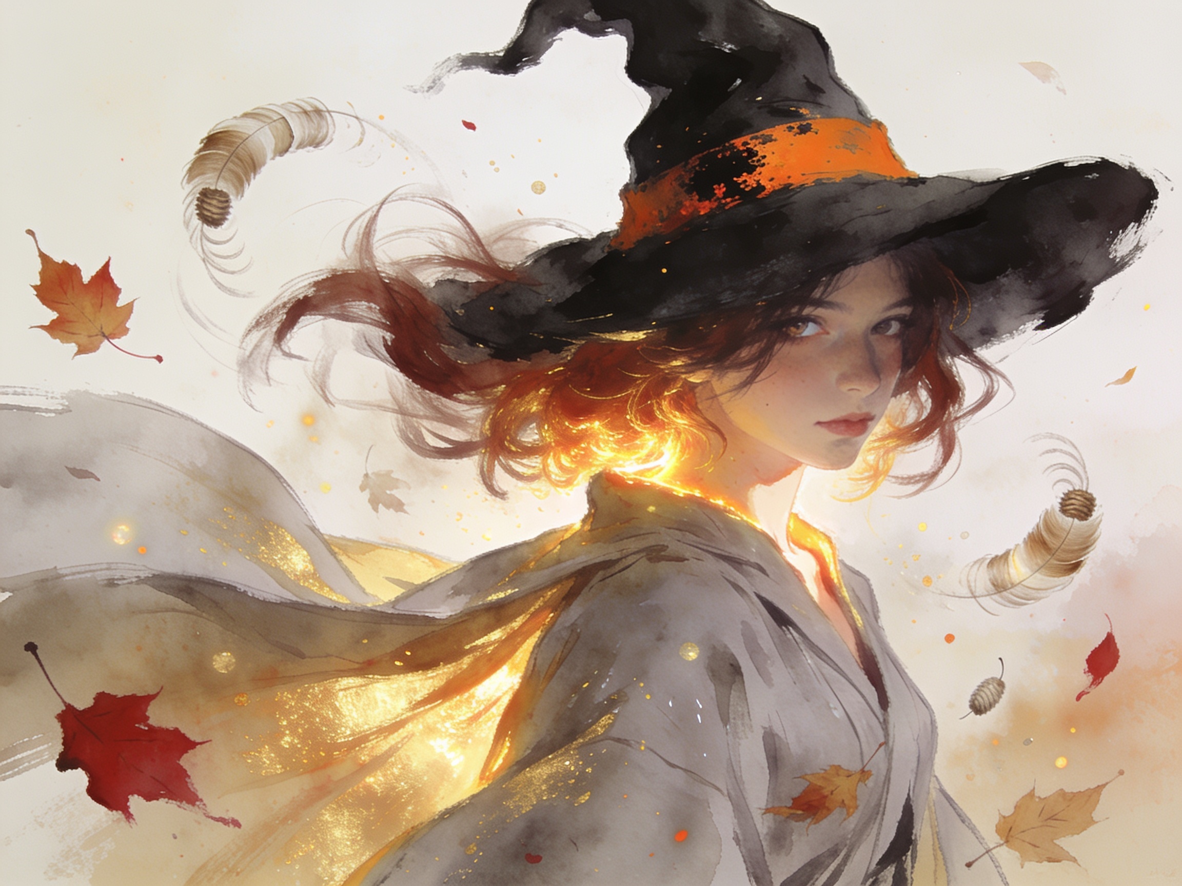 Watercolor portrait of an autumn witch with glowing wind-swept hair, witch hat, and floating fall leaves