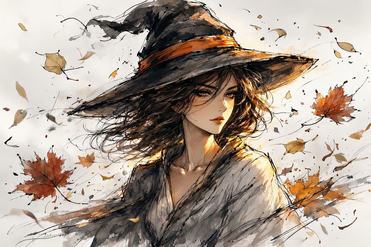 Expressive ink watercolor portrait of a young autumn witch surrounded by swirling falling maple leaves