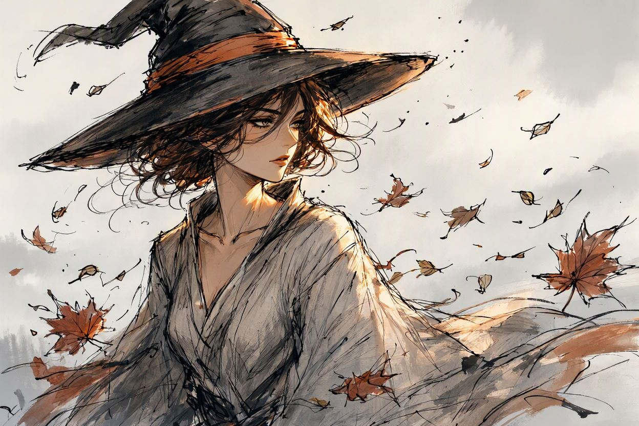 Pensive autumn witch in a wide brimmed hat stands amid swirling falling maple leaves in ink sketch style