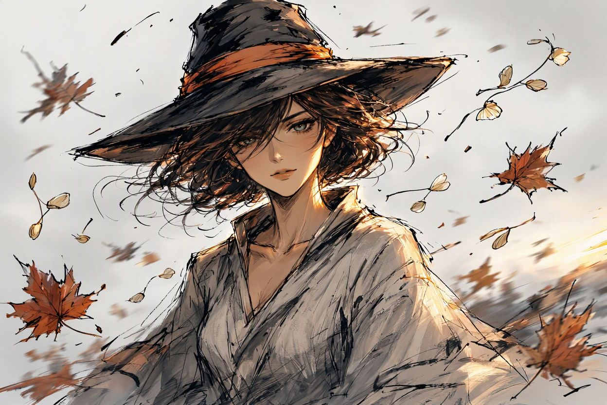 Anime witch in a wide brimmed hat stands amid blowing autumn maple leaves in golden wind