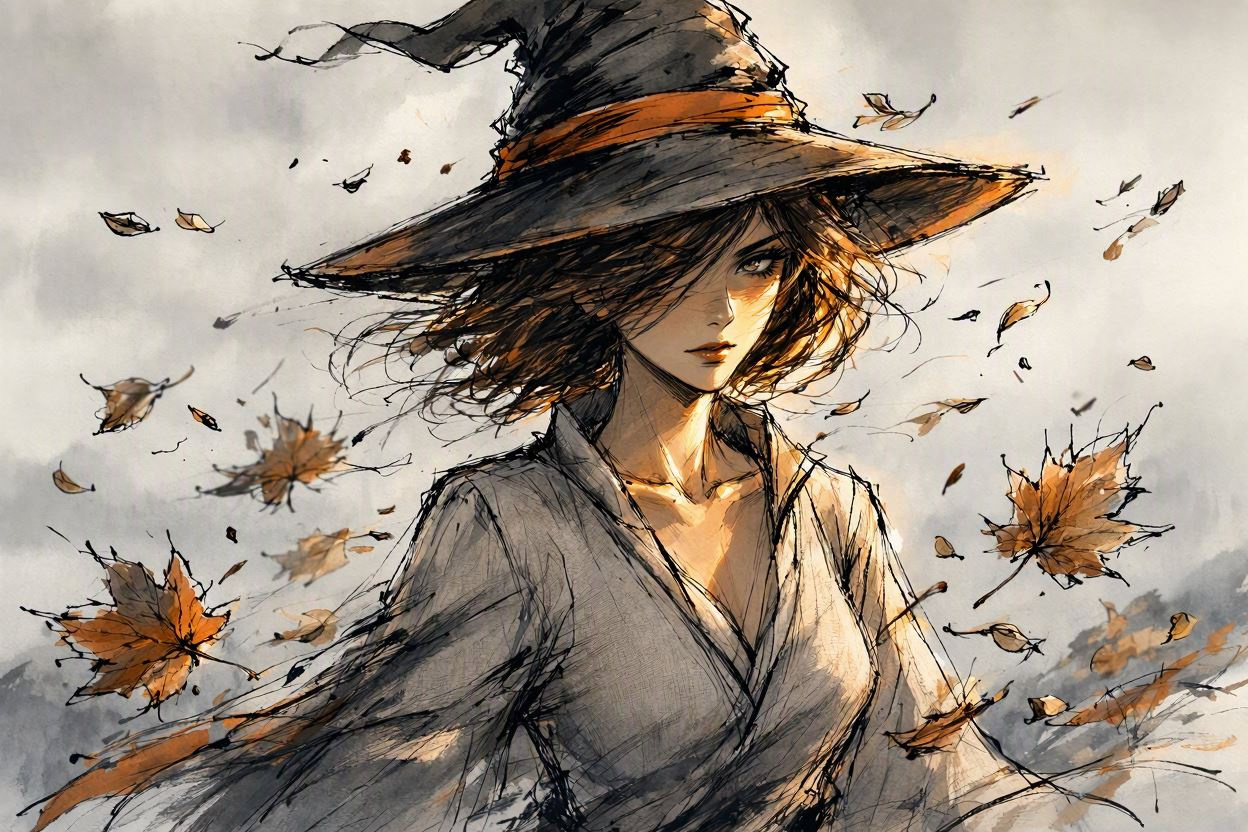 Solemn young witch in a wide brimmed hat surrounded by swirling autumn maple leaves in wind
