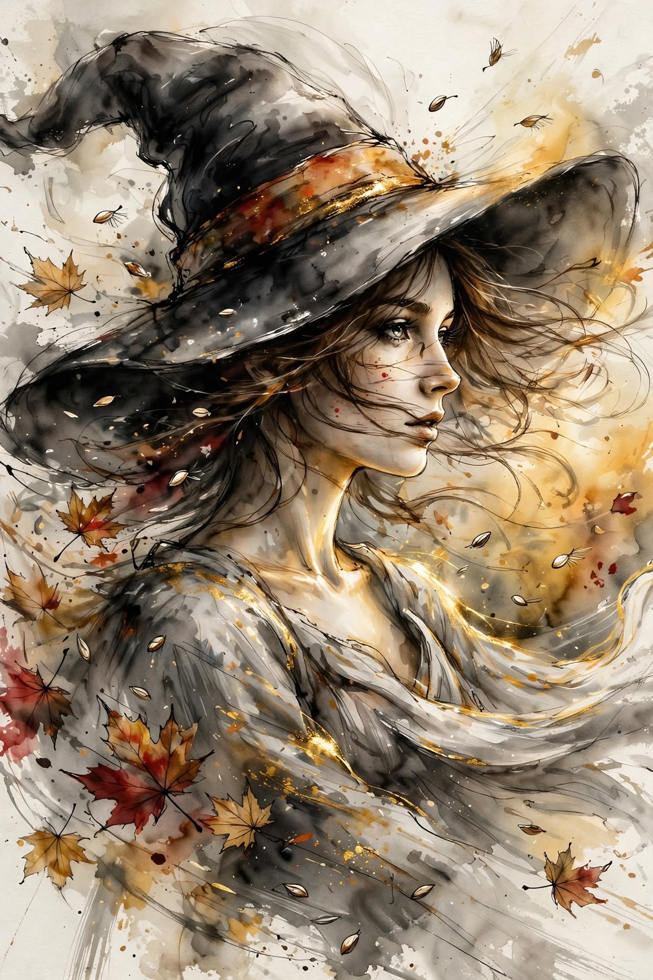 Ethereal autumn witch in a tall wide-brimmed hat surrounded by swirling falling maple leaves