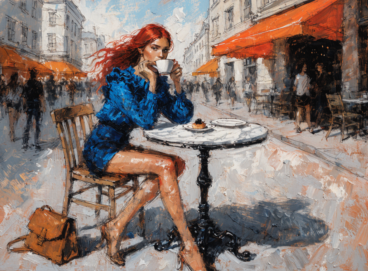 Red haired woman in a ruffled blue dress drinks coffee at a sunny European sidewalk cafe