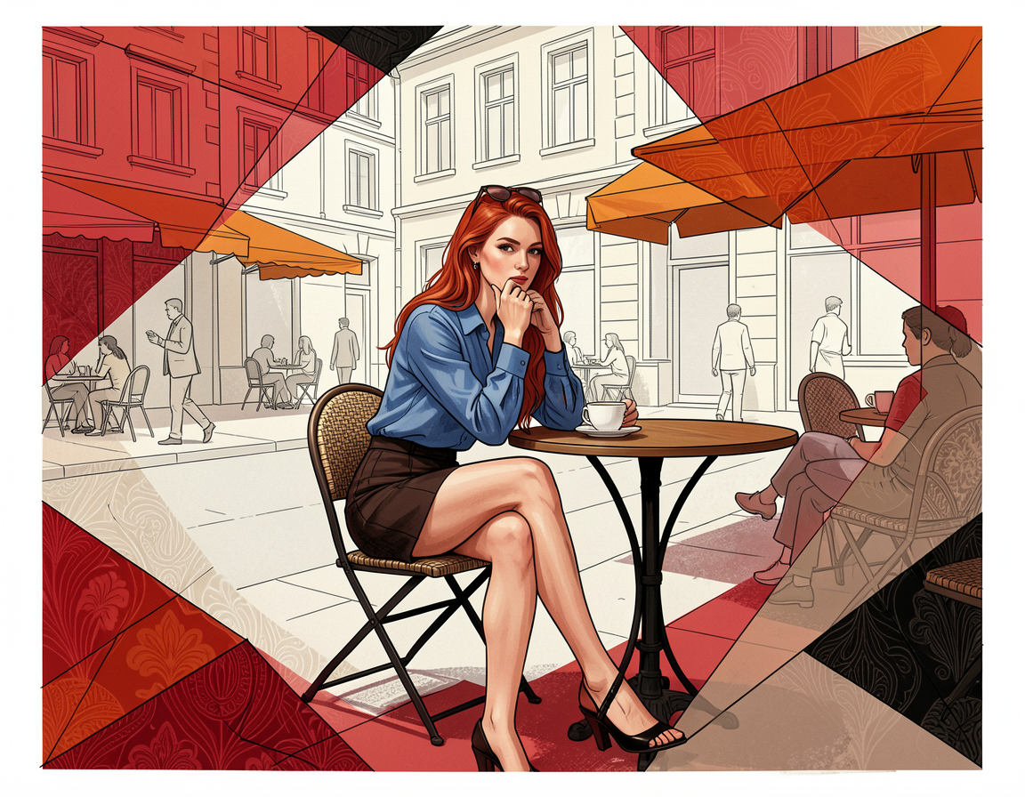 Stylized illustration of a red-haired woman sitting at an outdoor sidewalk cafe with a coffee