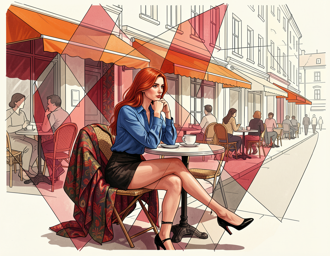 Pensive red-haired woman sits alone at a sunny European sidewalk cafe with a coffee cup