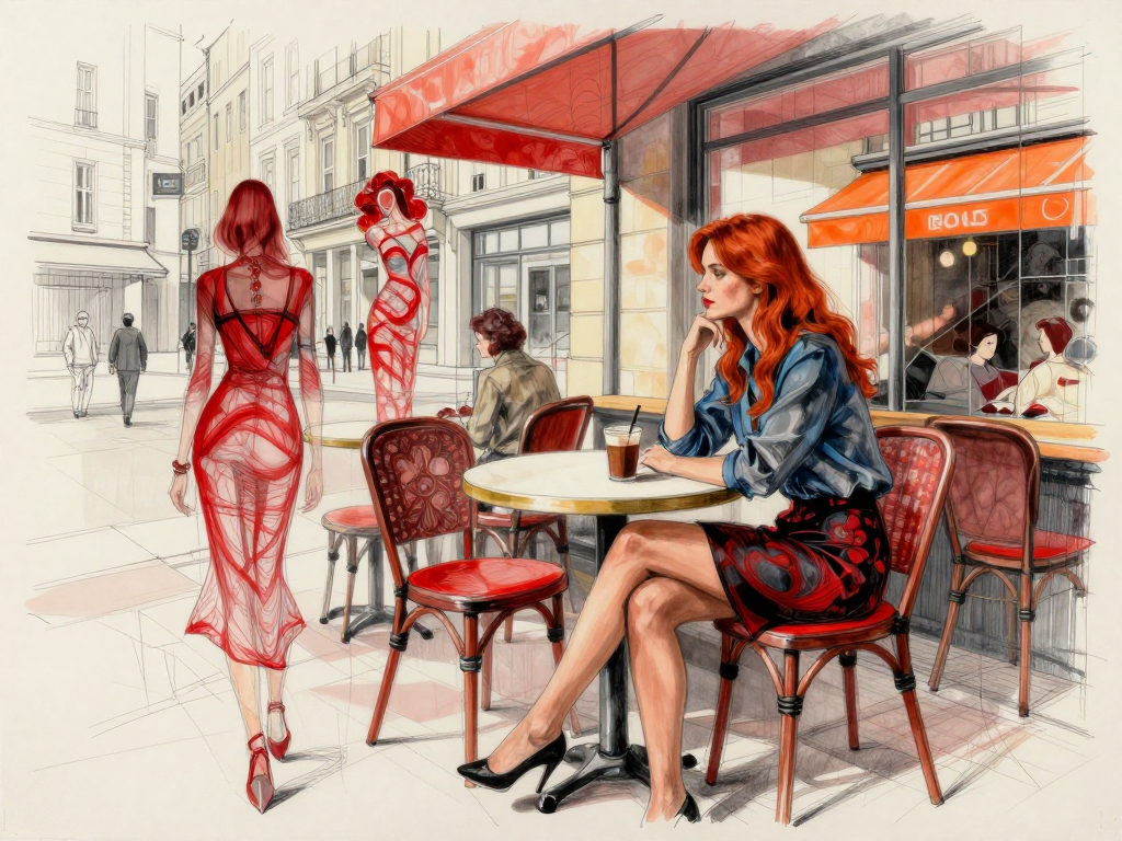 Red haired woman sits at an outdoor Parisian bistro table as women in sheer red dresses walk past on the street