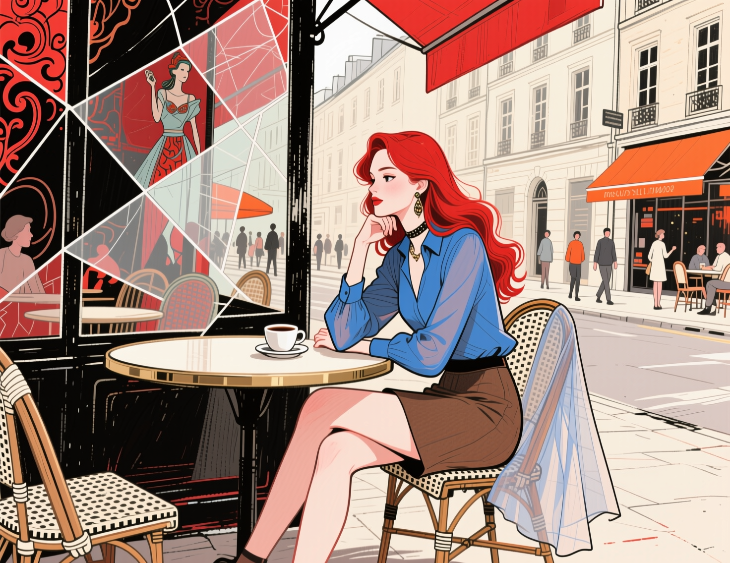 Stylish red-haired woman sits at a Parisian sidewalk cafe with a cup of coffee