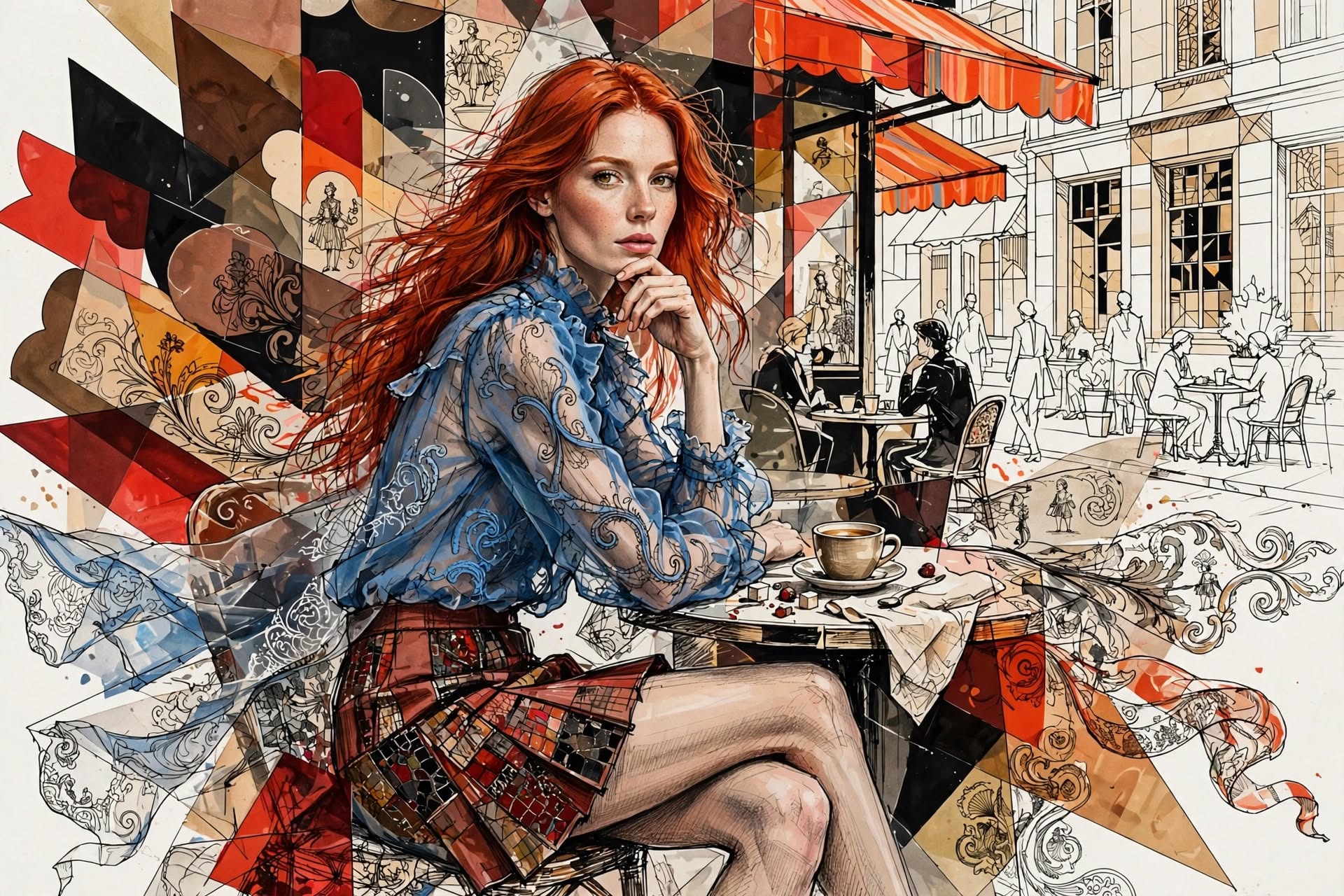 Pensive red-haired woman sits at a Parisian sidewalk cafe table with a cup of coffee