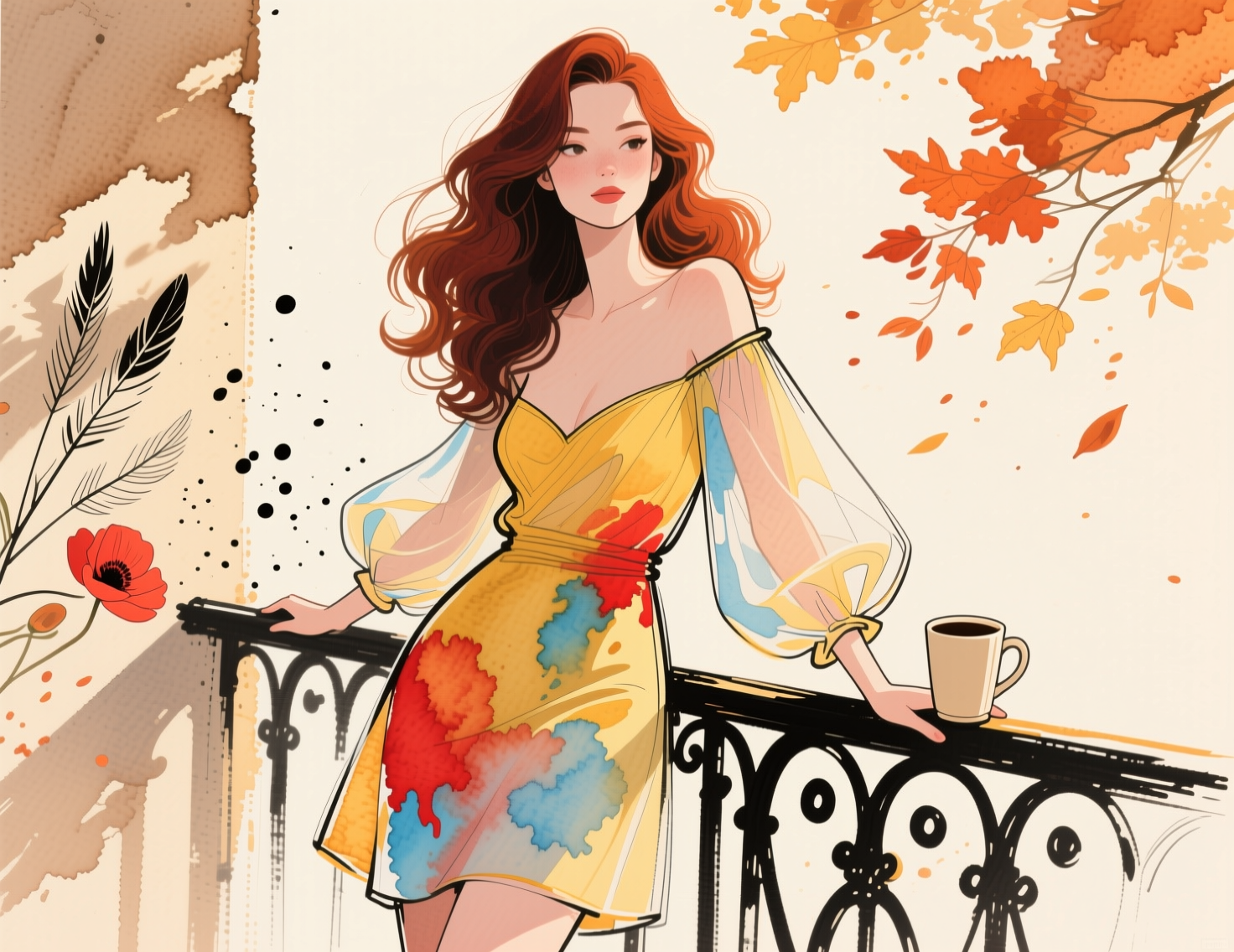 Red haired woman in a watercolor dress stands on an autumn balcony next to a mug of coffee