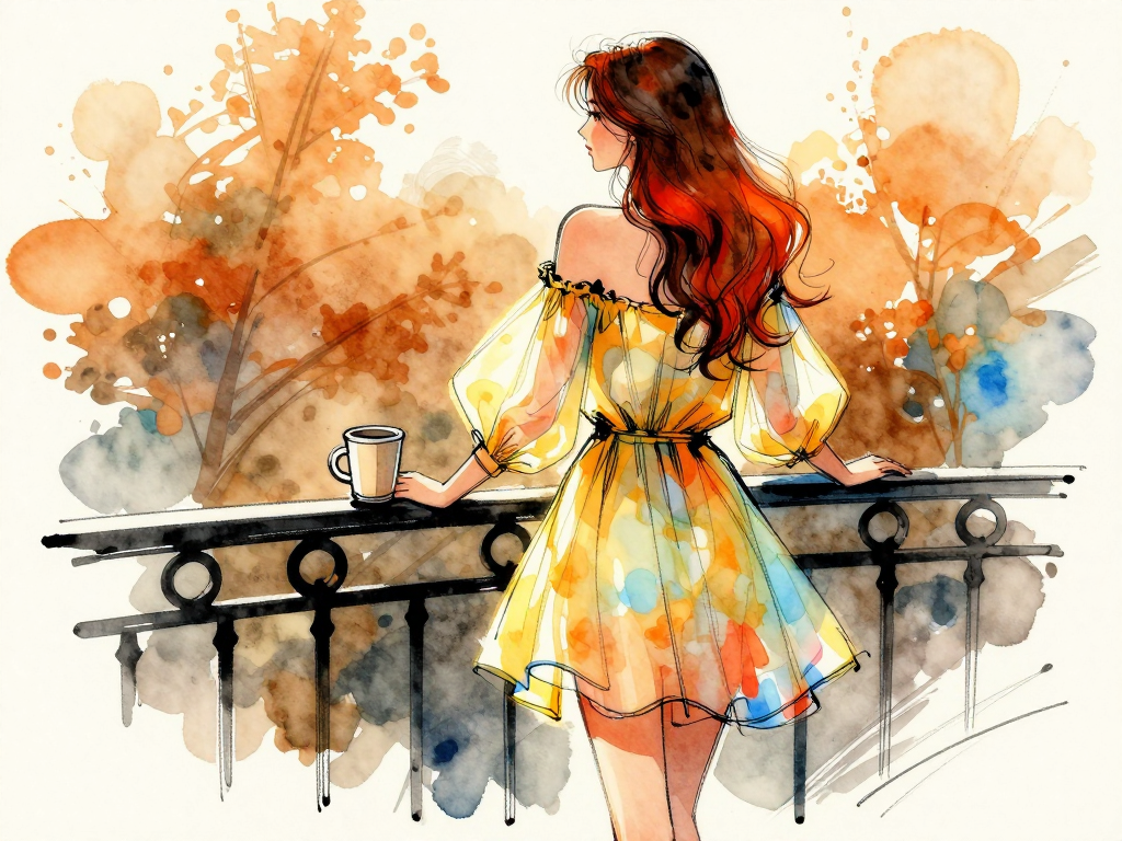 Red haired woman in a sheer yellow dress stands on a balcony with a coffee mug overlooking autumn trees