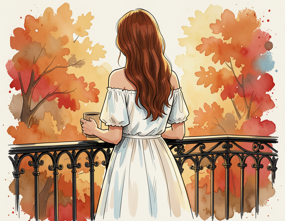 Woman in a white off-shoulder dress holds a hot drink while viewing autumn foliage from a balcony