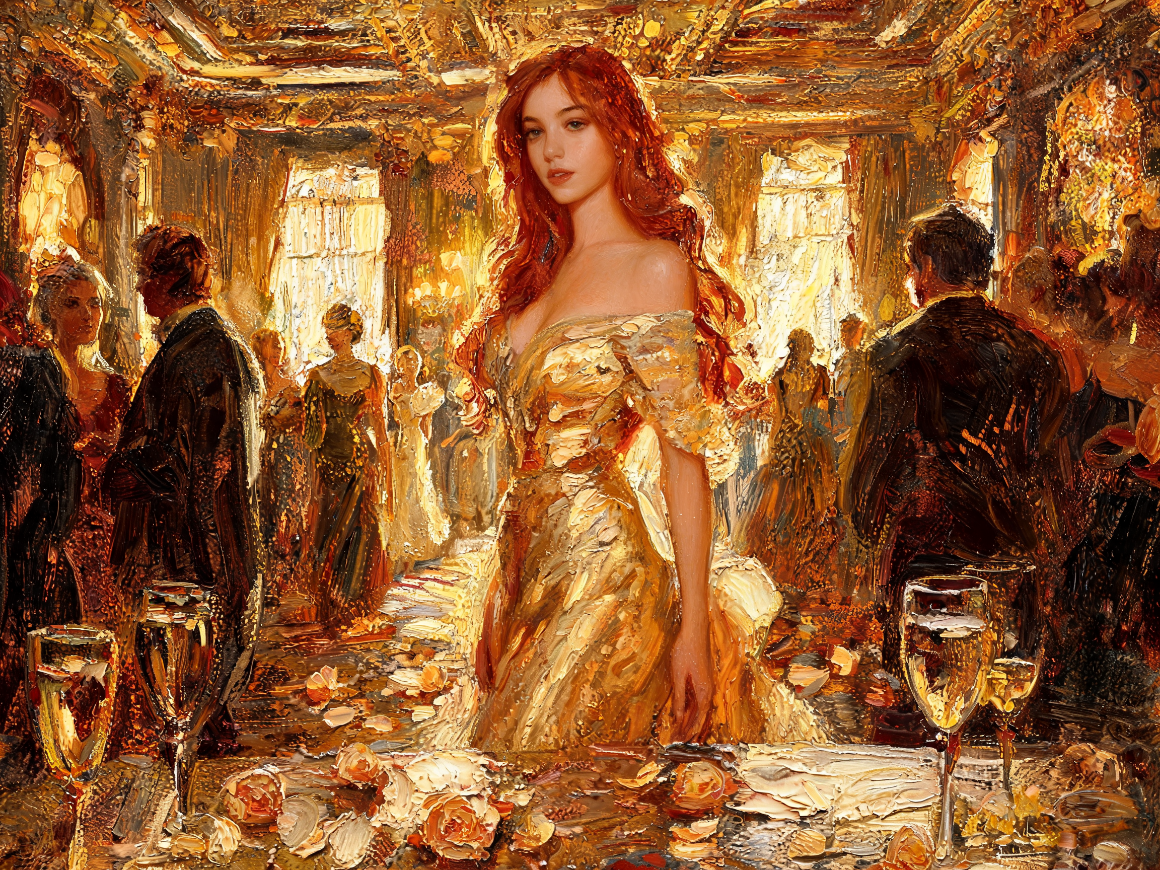 Red-haired woman in a golden ballgown stands at the center of an opulent formal ballroom party