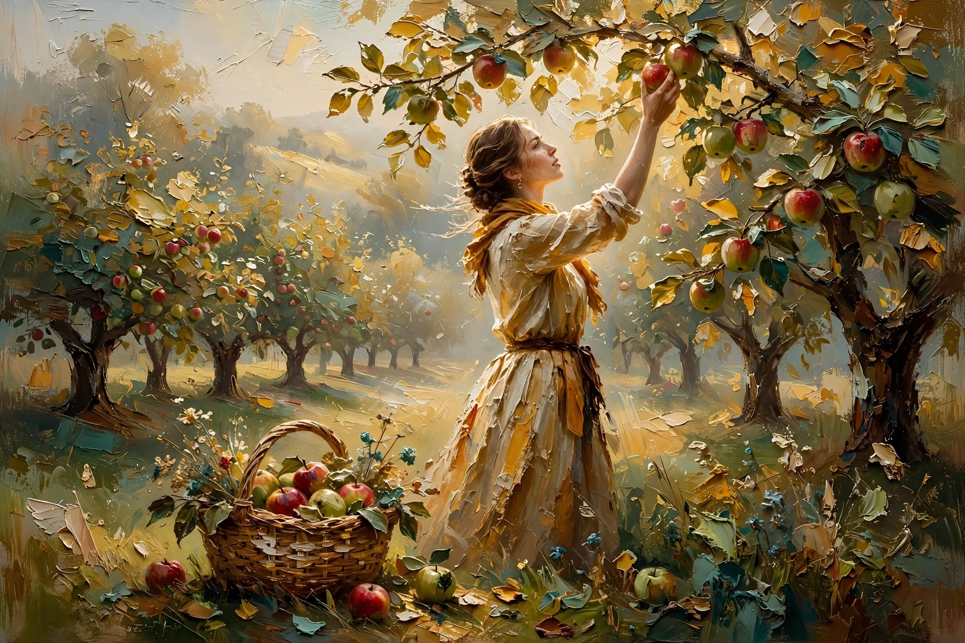 Woman picking ripe apples from a tree in a sunlit autumn orchard beside a full wicker harvest basket