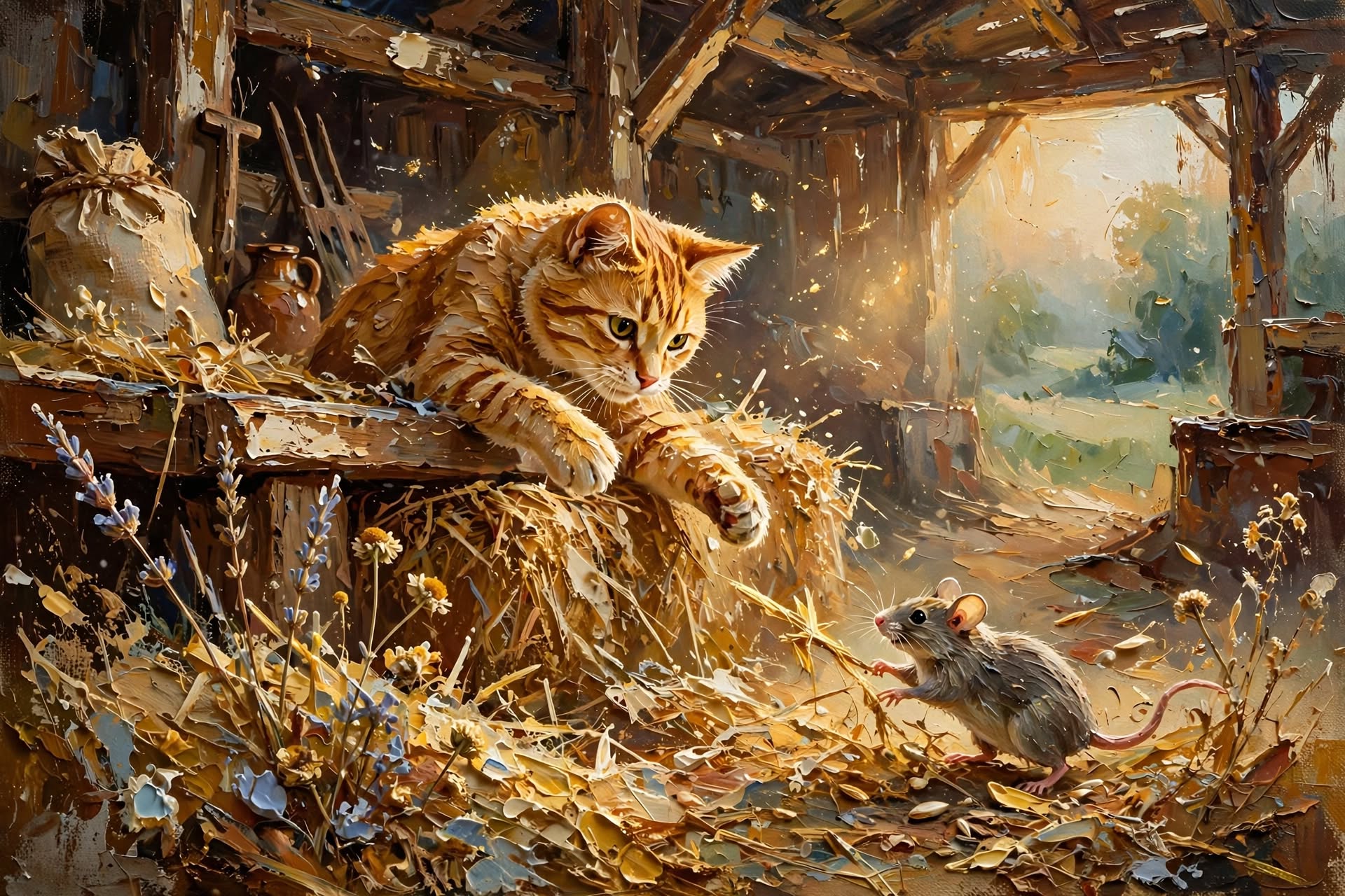 Ginger tabby cat reaches toward a wary field mouse inside a sunlit rustic barn