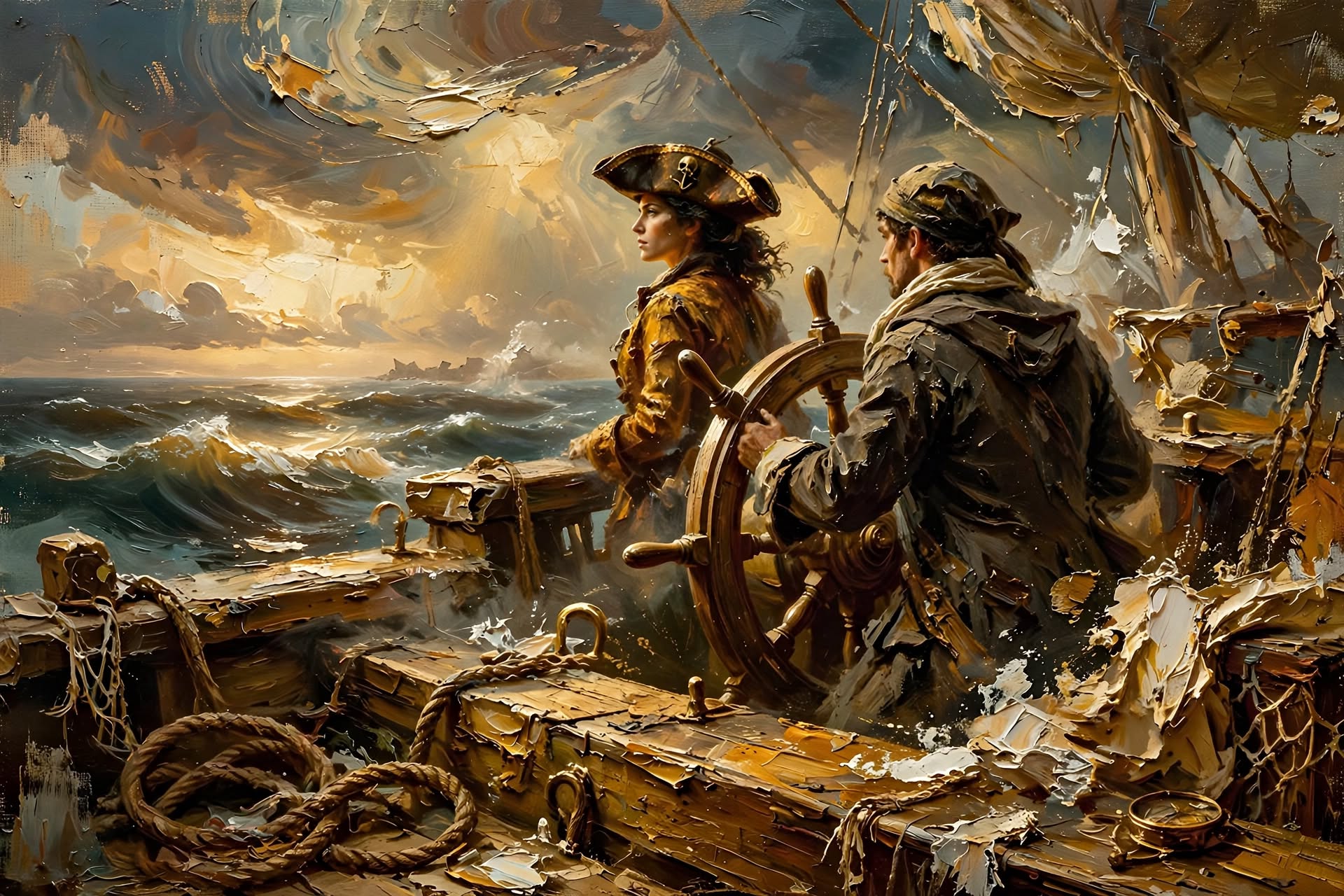 Pirate captain and helmsman stand on a storm-tossed galleon deck under a swirling golden sunset sky
