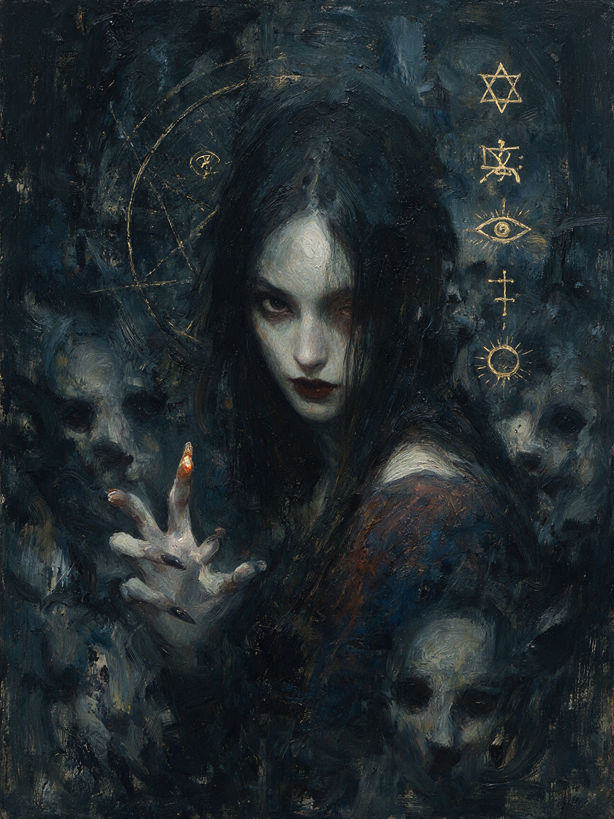 Pale dark haired occult witch extends a clawed hand, surrounded by ghosts and glowing esoteric sigils
