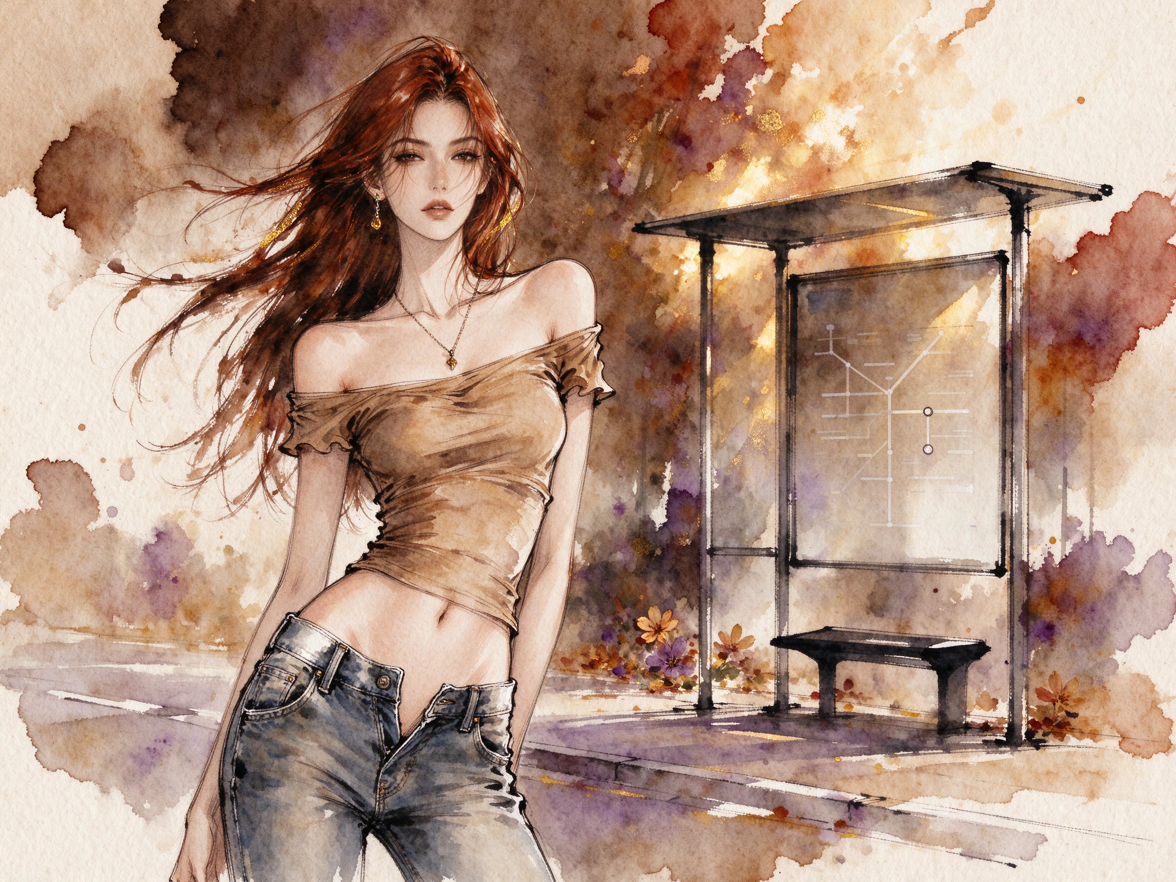 Watercolor portrait of a red-haired woman standing at a sunlit bus stop