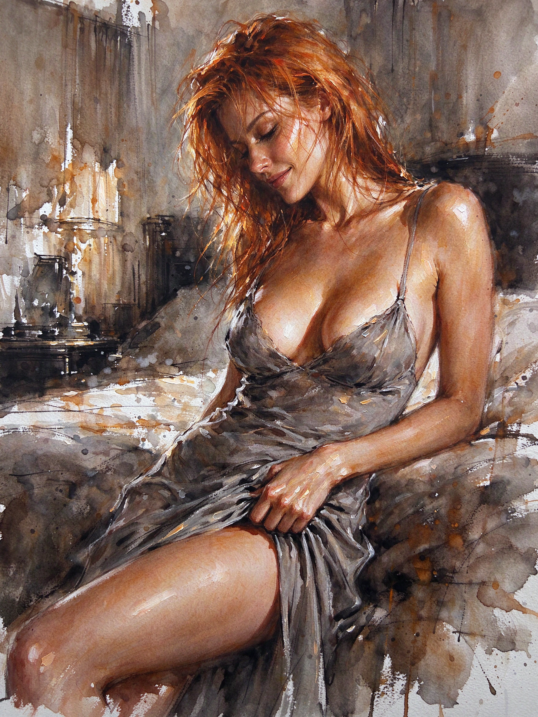 Expressive watercolor portrait of a relaxed red-haired woman in a grey slip seated on a bedroom bed