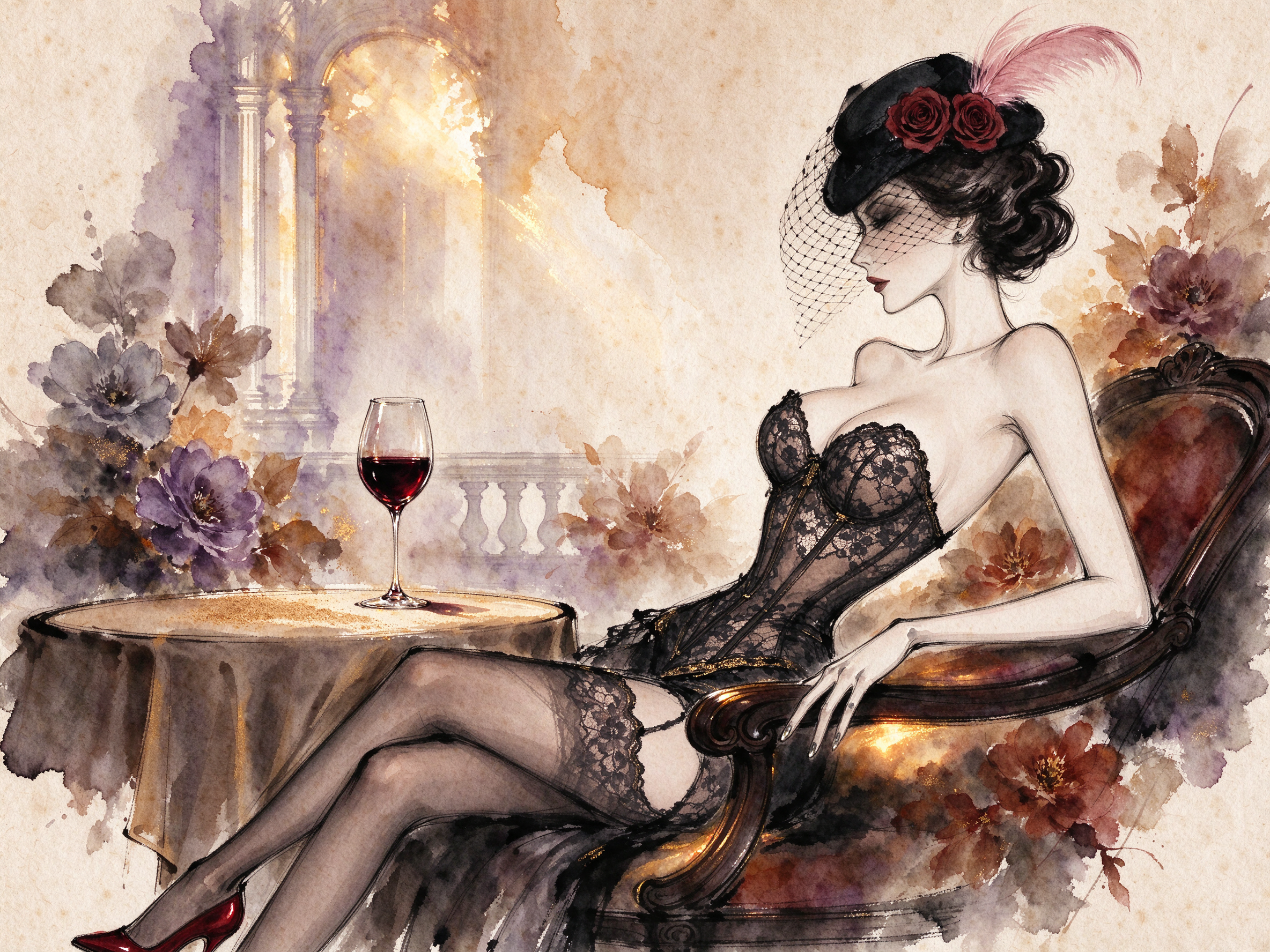Elegant vintage woman in lace corset relaxes beside a glass of red wine in a romantic watercolor portrait