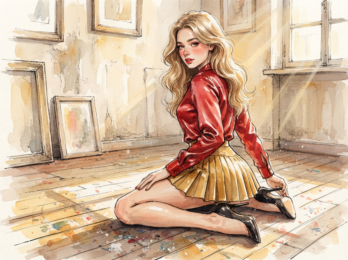 Watercolor portrait of a blonde woman sitting in a sunlit artist studio holding her heels